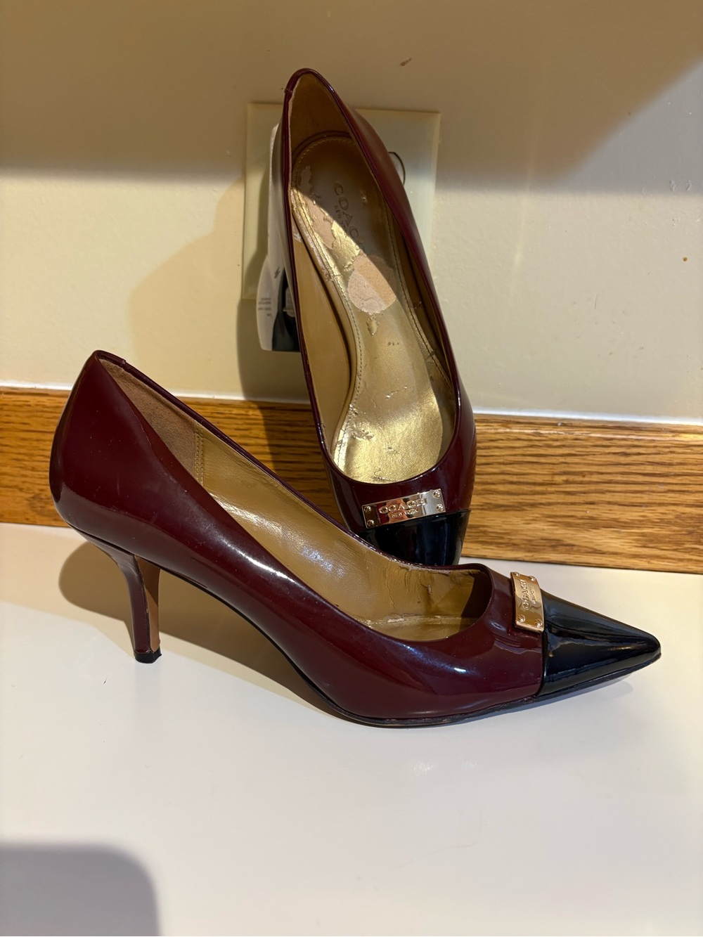 Coach Burgundy and Black Patent Pointed Toe Pumps - Picture 5 of 10